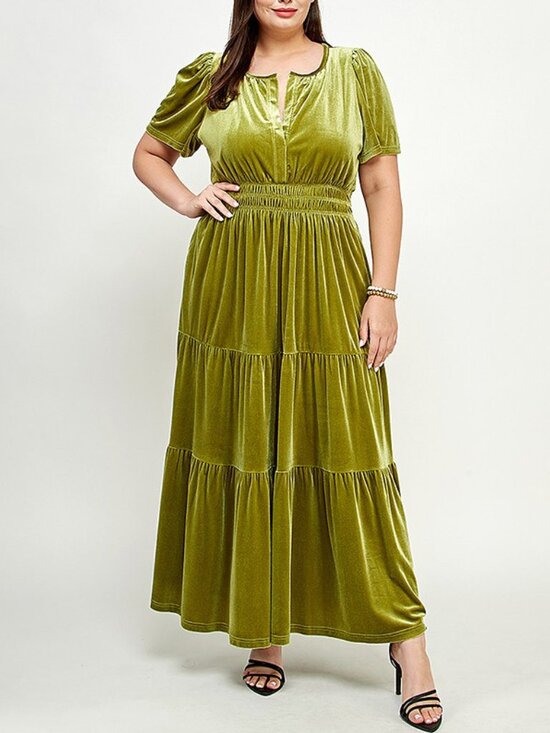 Boutique Dresses & Skirts - Boho Chartreuse Green Velvet Short Sleeve Tiered A-line Maxi Dress 18
